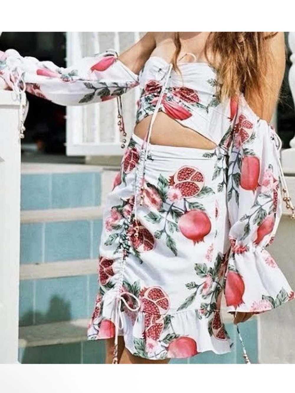 SABO LUXE White Floral Pomegranate Draw Off-Shoulders Mini Dress NWT $188